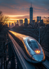 Futuristic high-speed train. Modern engineering and design. Sleek and aerodynamic, as it speeds along its elevated tracks. Design concept.