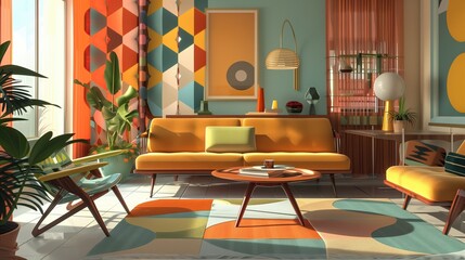 A mid-century modern living space with iconic furniture and geometric patterns 32k, full ultra hd, high resolution