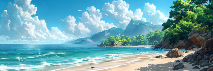 Beautiful tropical summer background with sea and palm trees, and mountains. Vacation season, cartoon illustration