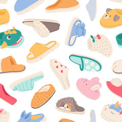 Home cozy slippers seamless pattern. Comfortable colorful house shoes, textile and fluffy fur footwear, cute animal faces, decor textile, wrapping, wallpaper design. Vector background