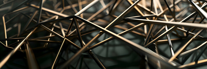 An HD photograph capturing an array of thin, intersecting metallic lines forming complex geometric patterns, set against a deep matte backdrop for a sophisticated look