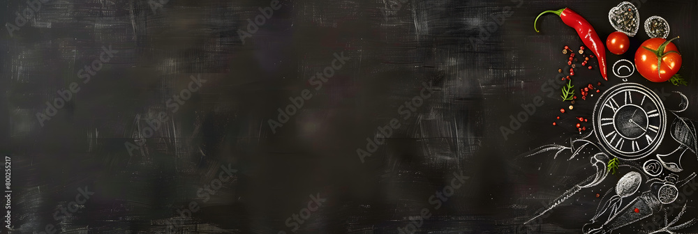Poster top down view of a black, flat matte surface. a simple chalk drawing of a clock face and various foo