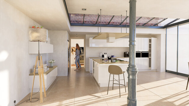 Beautiful industrial style kitchen with skylight, 3D render
