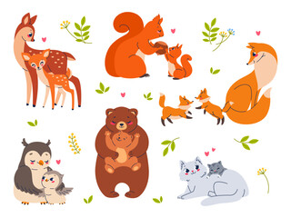 Happy parents and kids animals. Cute mothers with children, wildlife characters, cartoon fauna families, babies with moms, deer with fawn, fox and bear, cat and owl, vector cartoon flat set