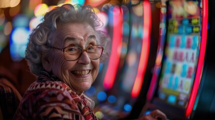 Senior woman enjoying herself while playing slot machine at a casino with a smile on her face