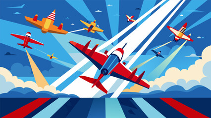 The highlight of the day an impressive air show featuring jawdropping stunts and aerial maneuvers by skilled pilots showcasing the power and dexterity. Vector illustration
