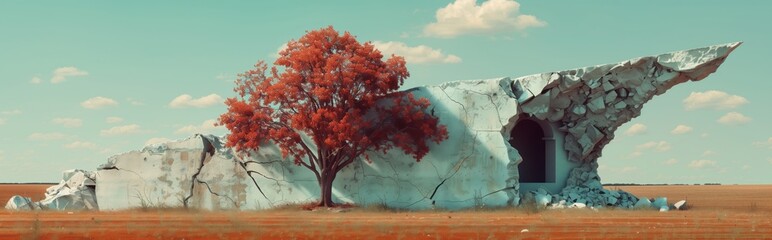 Panoramic striking image blending nature and surrealism. Depicting a vibrant tree beside a crumbling. Abstract structure under a vast clear sky. Resilience and the passage of time