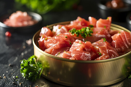 Raw tuna slices in a can