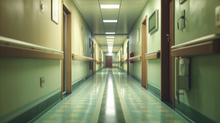 Obraz premium A thought-provoking photorealistic image of a hospital hallway, symbolizing the interconnectedness of healthcare and the diverse journeys of patients.