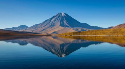 Naklejka premium A tranquil scene of a volcano reflecting in a serene lake, with the surrounding mountains mirrored in the still water.