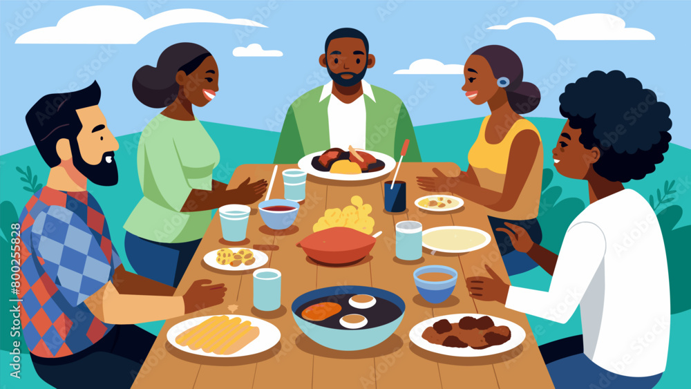 Poster guests gather around a picnic table eager to dive into heaping plates of smothered pork chops blacke