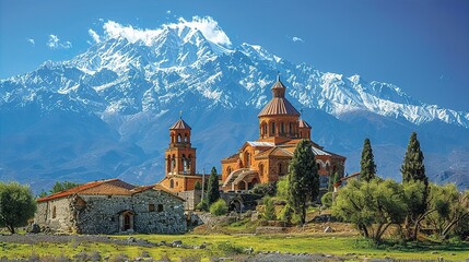 Beautiful Georgia old church, fantastic landscape with mountains