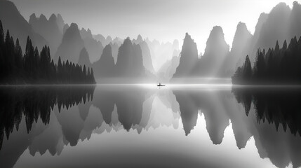 Beautiful minimalistic landscape of  Thailand bay with tall rocks, morning fog  and reflections 