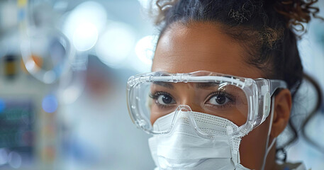 Young woman Scientist in mask portrait, work in laboratory, making tests, concept of new technology for life