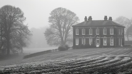 sSoft minimalistic landscape of english country side with fields and old mansion house, in black and white