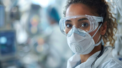 Young woman Scientist in mask portrait, work in laboratory, making tests, concept of new technology for life