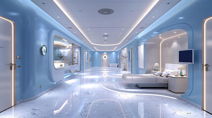 Modern futuristic white hotel room interior 