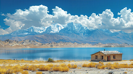 Beautiful Tibetan landscape with mountains and lake