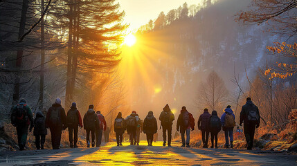 Group of people walking against of sunset light
