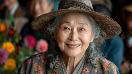 Attractive old Japanese woman smiling to camera, portrait 