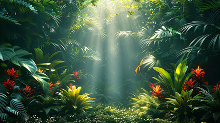 Sun beams are shooting through the jungle leaves. Tropical, rain forest, jungle view	
