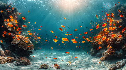 Fototapeta na wymiar Under the water, corral fish and beautiful sun beams at sea bottom 