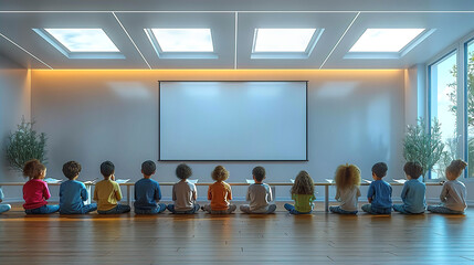 Group of little children sitting in line and looking at white screen with copy space, educational concept 