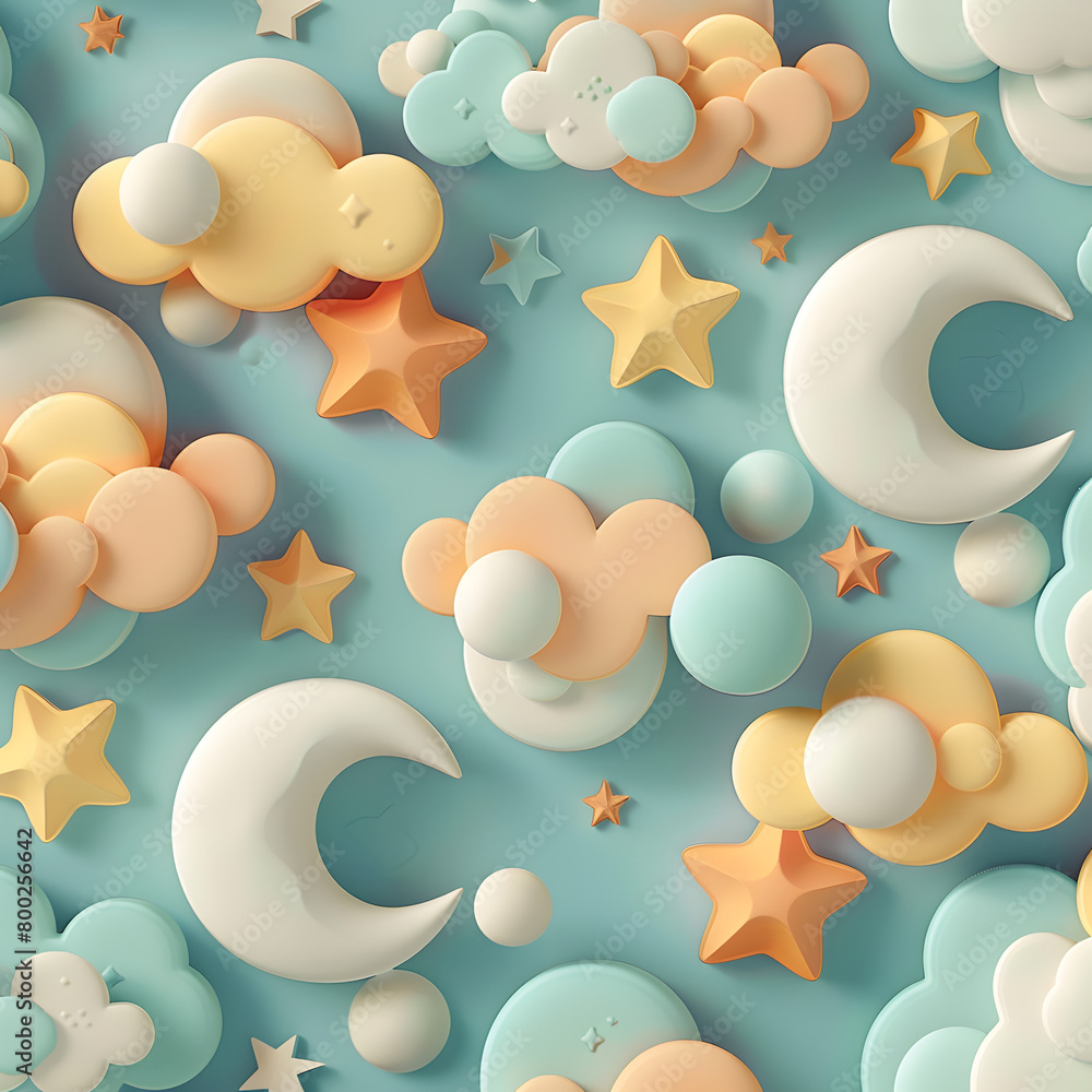 Aufkleber a colorful and whimsical scene of clouds and stars, with a large yellow moon in the center. generati