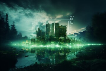 A ruined city in a swamp and dark forest. There is a hologram in the city. Generative Ai