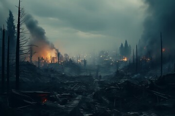 Areas where trees and objects were burned causing toxic smoke to destroy the environment. become desolate. Generative Ai
