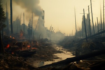 Areas where trees and objects were burned causing toxic smoke to destroy the environment. Generative Ai