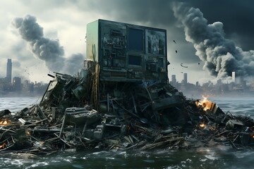 Broken electronic equipment Gathered together in the middle of the sea The background is a city with smoke. and destroy the environment.Generative Ai
