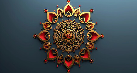 Golden Mandalas with complex Indian designs and colored stones on a banner with space for copy