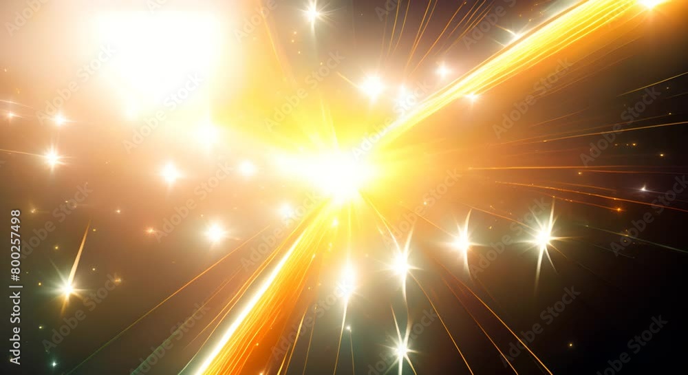 Poster abstract yellow and light rays and stars with sparkling bokeh on dark background , digital video bac