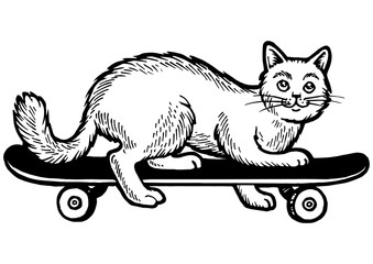 Domestic cat pet ride on skateboard sketch engraving PNG illustration. Scratch board style imitation. Black and white hand drawn image.