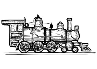 Old steam locomotive train transport sketch line art engraving PNG illustration. Scratch board style imitation. Black and white hand drawn image.