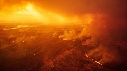 An aerial view of a wildfire spreading across a vast landscape, casting an orange glow over the horizon.