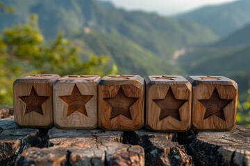 A series of vertical wooden blocks, each carved with the symbol of a star rating, illustrating a review scale from poor to excellent, clear sky background for text - obrazy, fototapety, plakaty