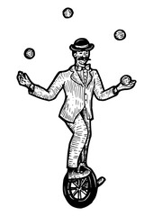 Circus juggler on unicycle sketch engraving PNG illustration. Scratch board style imitation. Hand drawn image. © Oleksandr Pokusai
