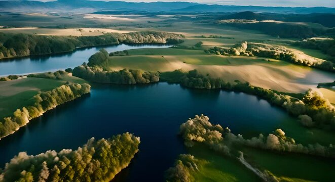 very beautiful green countryside and litte blue lakes seeen from an aerial view, slow motion