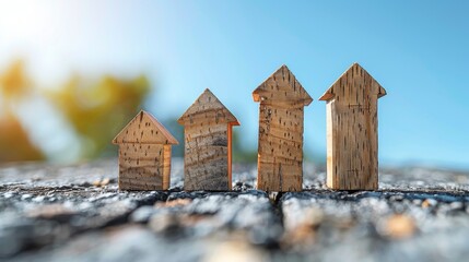 A series of upward arrows made from wooden blocks, each arrow stepping up in service quality levels, representing improvement and commitment to excellence, clear sky background for text