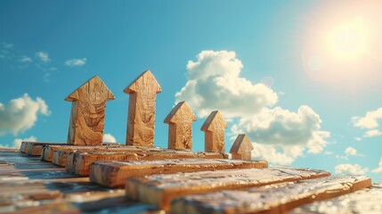 A series of upward arrows made from wooden blocks, each arrow stepping up in service quality levels, representing improvement and commitment to excellence, clear sky background for text