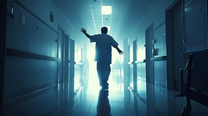 An inspiring image of a patient triumphantly leaving a hospital, symbolizing the power of modern medicine and resilience.