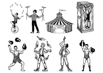 Retro circus performance set sketch PNG illustration. Old hand drawn engraving imitation. Human and animals vintage drawings © Oleksandr Pokusai