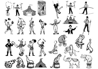 Retro circus performance set sketch style PNG illustration. Old hand drawn engraving imitation. Human and animals vintage drawings © Oleksandr Pokusai