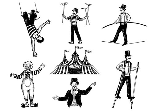 Retro circus performance set sketch PNG illustration. Old hand drawn engraving imitation. Human and animals vintage drawings