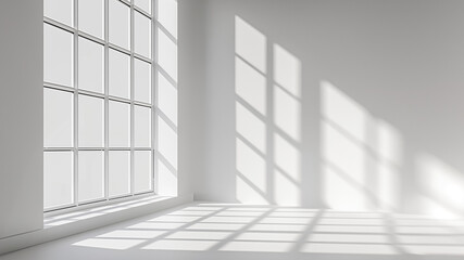 White window with sunlight and shadows on the white wall. Empty modern apartment in minimalistic style with copy space for product or text.