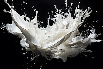 White water milk splash on floor top on black background. Splashes into small droplets all over floor. Realistic clipart template pattern