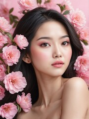 pink flowers background close-up portrait portrait of asian beautiful woman from Generative AI