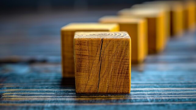 A line of wooden blocks, each representing a step in the problem resolution process (Identify, Analyze, Resolve), leading to a final golden block labeled 'Satisfaction', isolated background for text